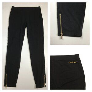 BEBE Black Gold Logo Back Moto Look Zip Ankle Skinny Leg Pull On Pant